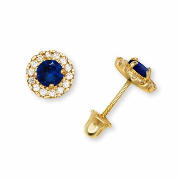 Solid 14K Yellow Gold Halo Birthstone Stud Screw Back Earrings w/ Sparkly Stones - Picture 9 of 12